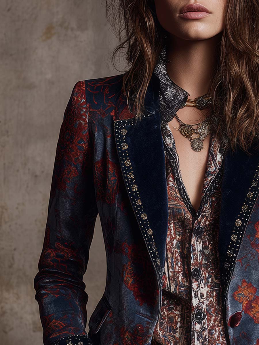 Retro Color-blocked Ethnic Print Polyester Velvet Mid-length Blazer