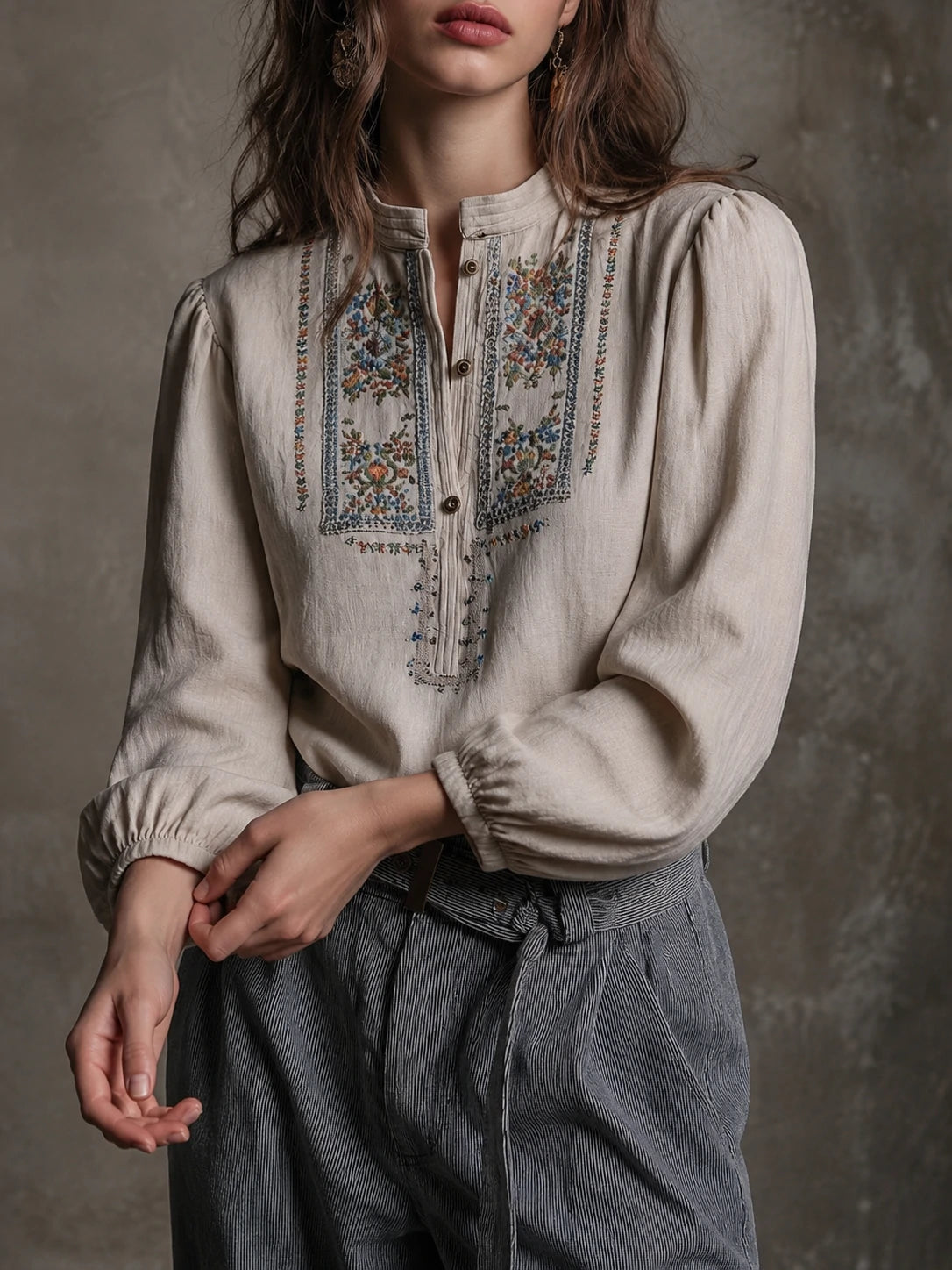 Vintage Embroidered Boho Linen Blouse