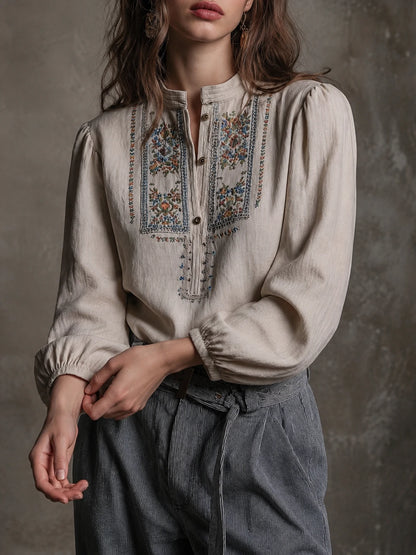 Vintage Embroidered Boho Linen Blouse