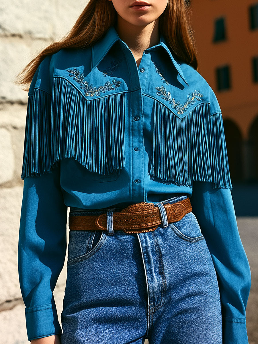 Turquoise Western Fringe Shirt Jacket With Embroidered Yoke