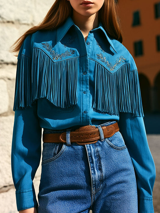 Turquoise Western Fringe Shirt Jacket With Embroidered Yoke