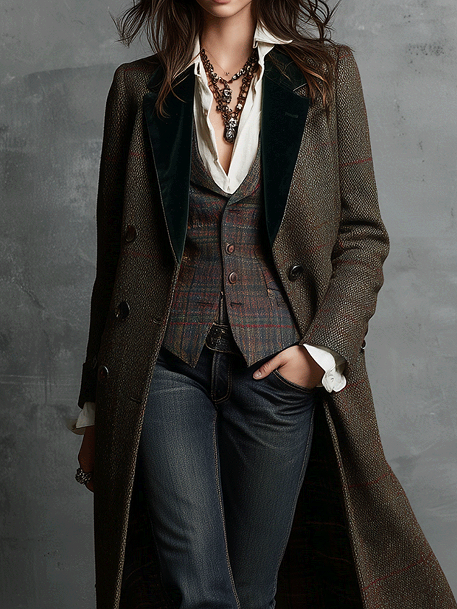 Heritage Vintage Tailored TweedVelvet Collar Detail Long Coat