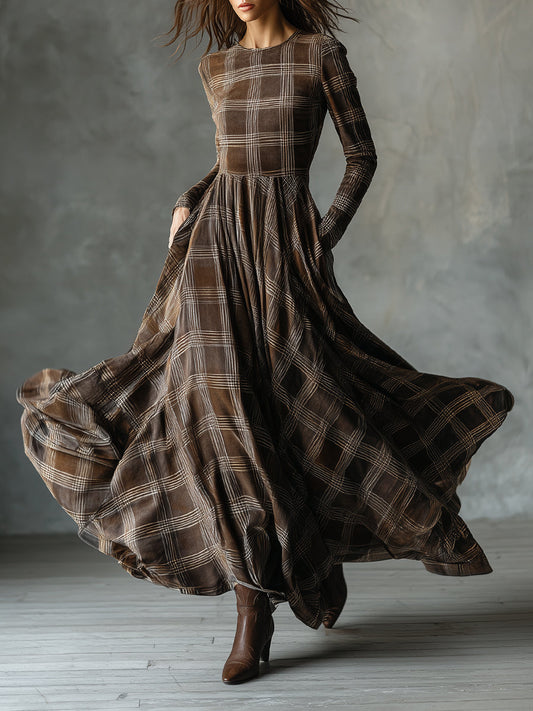 Bohemian Round Neck Plaid Brushed Material Maxi Dress