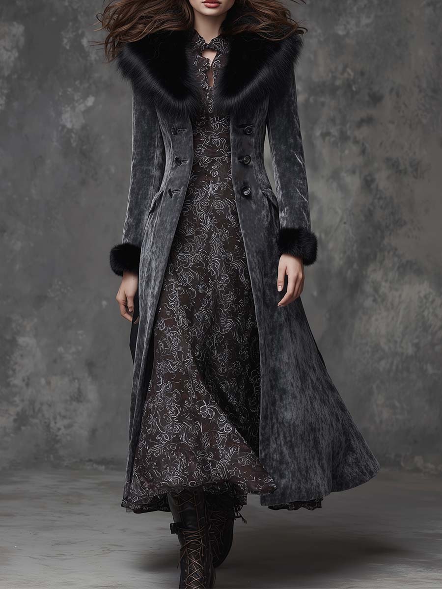 Gray Eco-Suede Long Coat With Faux Fur Collar & Cuffs