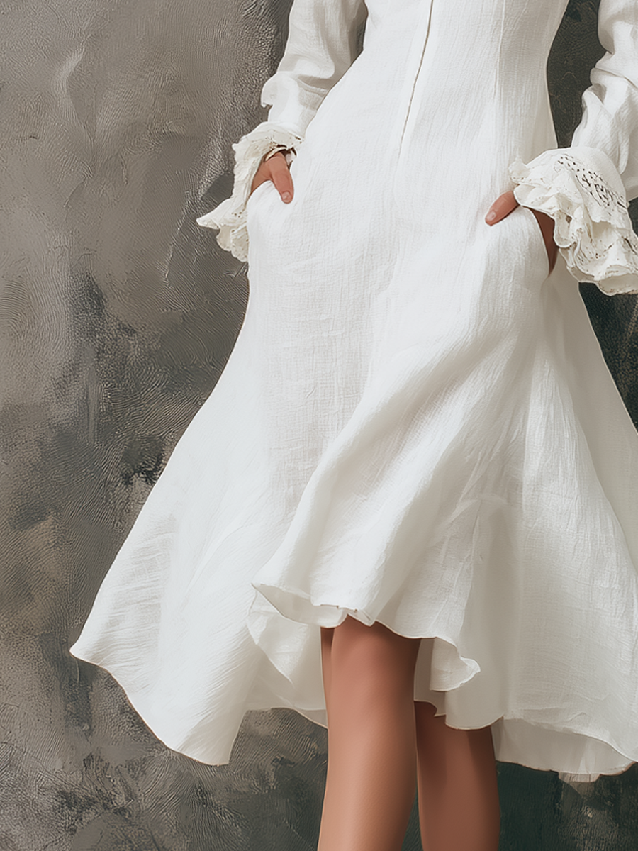 Retro Zipper Collar Ruffle Cuffs Midi Dress