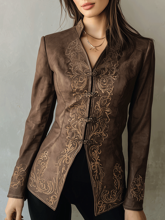 Vintage Brown Embroidered High-Collar Tailored Blouse