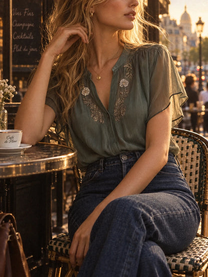 Vintage Embroidered Chiffon Short Sleeve Shirt