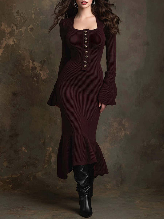 Vintage Button Detail Square Neck Knit Midi Dress