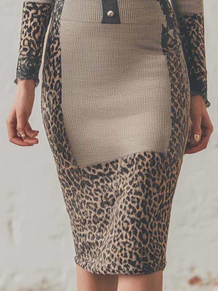 Leopard Panel Ribbed Knit Bodycon Dress