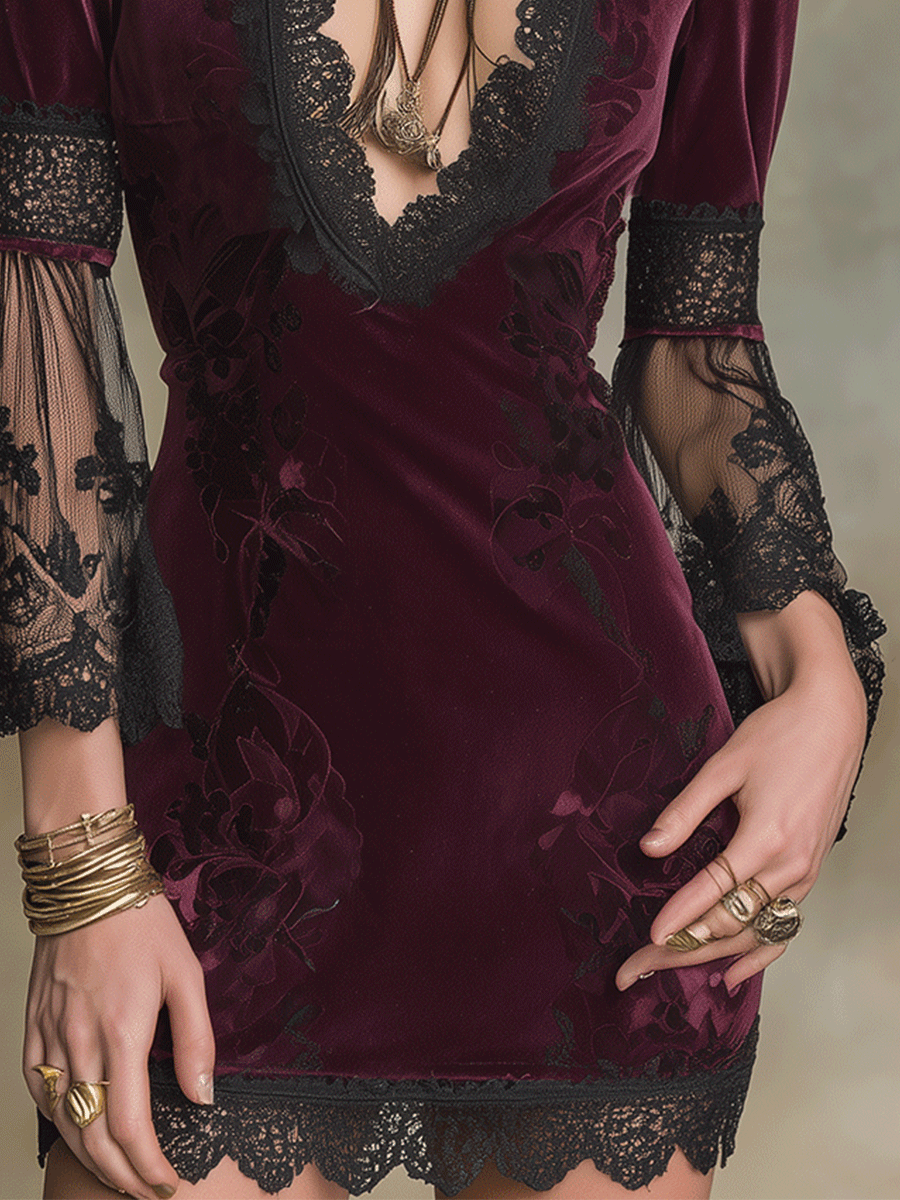 Elegant Burgundy Velvet Lace-Trim Mini Dress