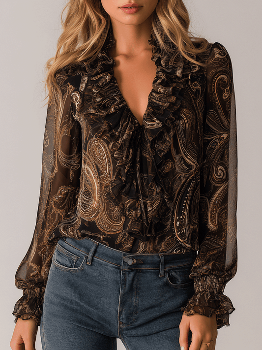Vintage Ruffle Neck Paisley Chiffon Blouse