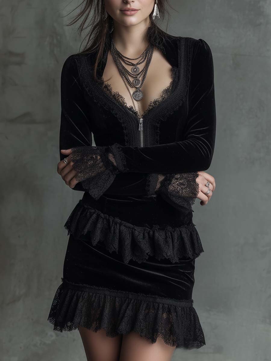Black Velvet Mini Dress With Lace Trim