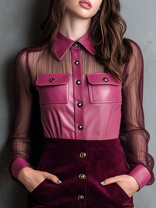 Rose Pink Eco Leather & Sheer Mesh Blouse With Pockets