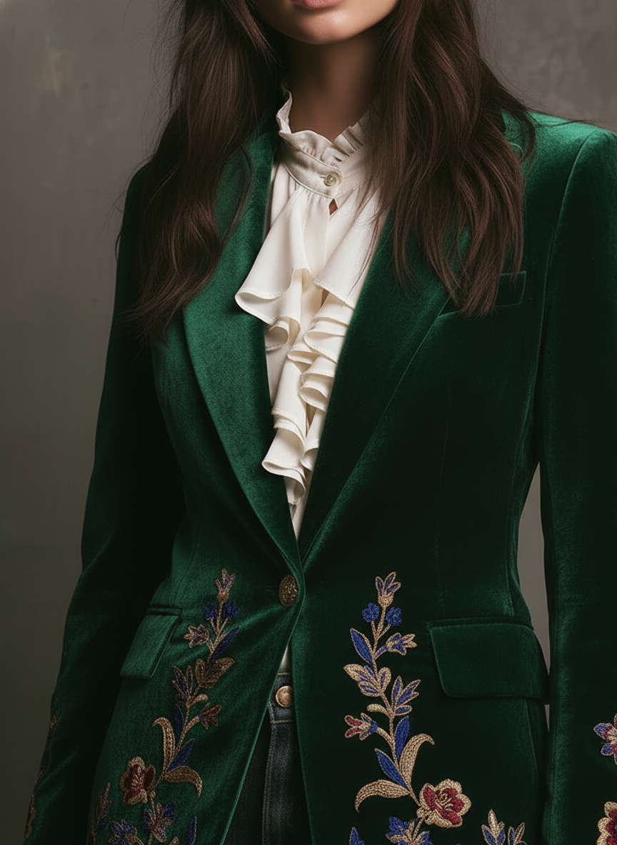 Elegant Embroidered Emerald Velvet Blazer