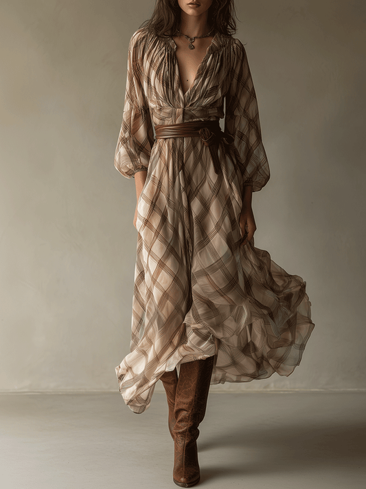 Romantic Retro Plaid Midi Dress