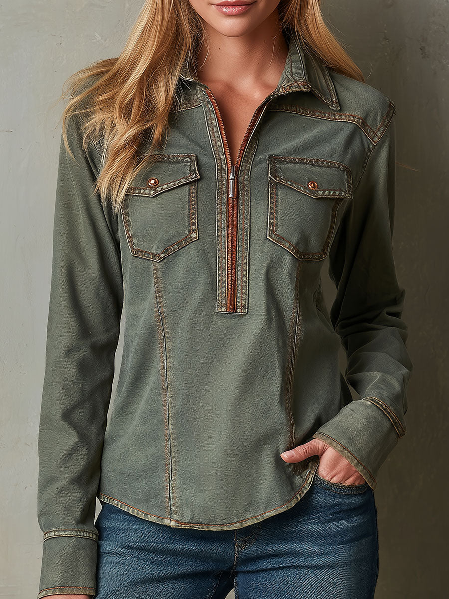 Vintage Olive Utility Contrast Stitching Shirt Jacket With Zipper