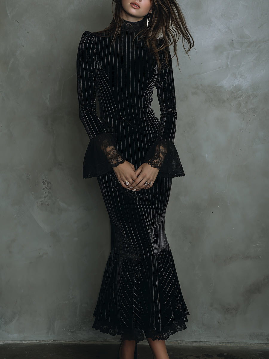 Quiet Luxury Striped Polyester Velvet Lace Cuffs Fishtail Midi Dress