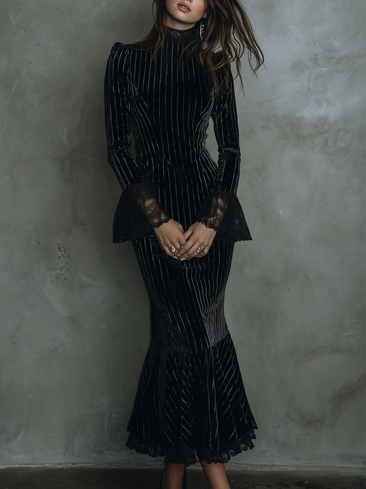 Quiet Luxury Striped Polyester Velvet Lace Cuffs Fishtail Midi Dress
