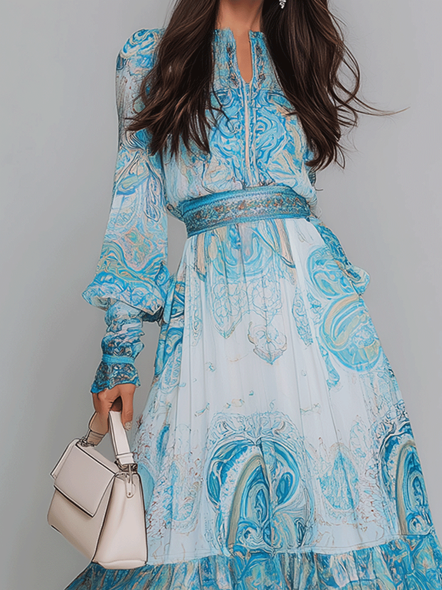 Bohemian Aqua Paisley Lightweight Flowy Maxi Dress