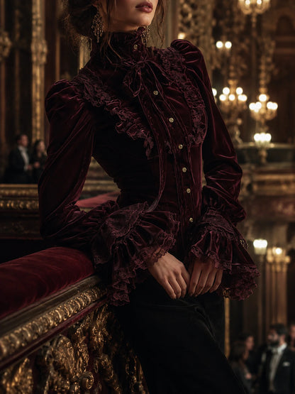 Garnet Red Romance Victorian Velvet Ruffle Blouse