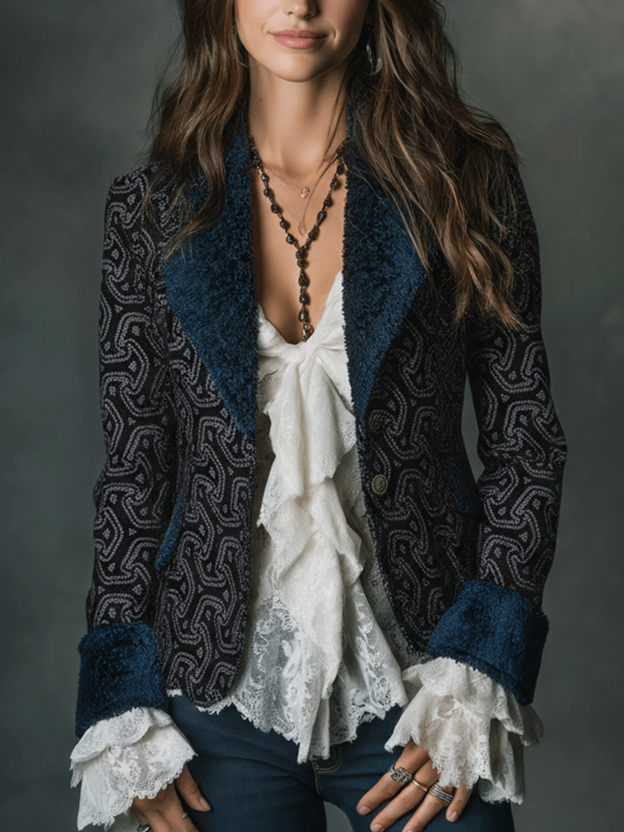 Vintage Navy Jacquard Lapel Tailored Blazer