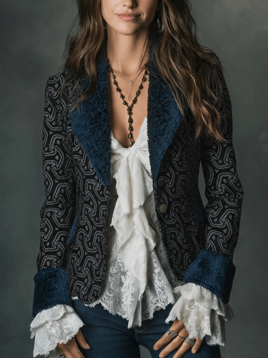 Vintage Navy Jacquard Lapel Tailored Blazer