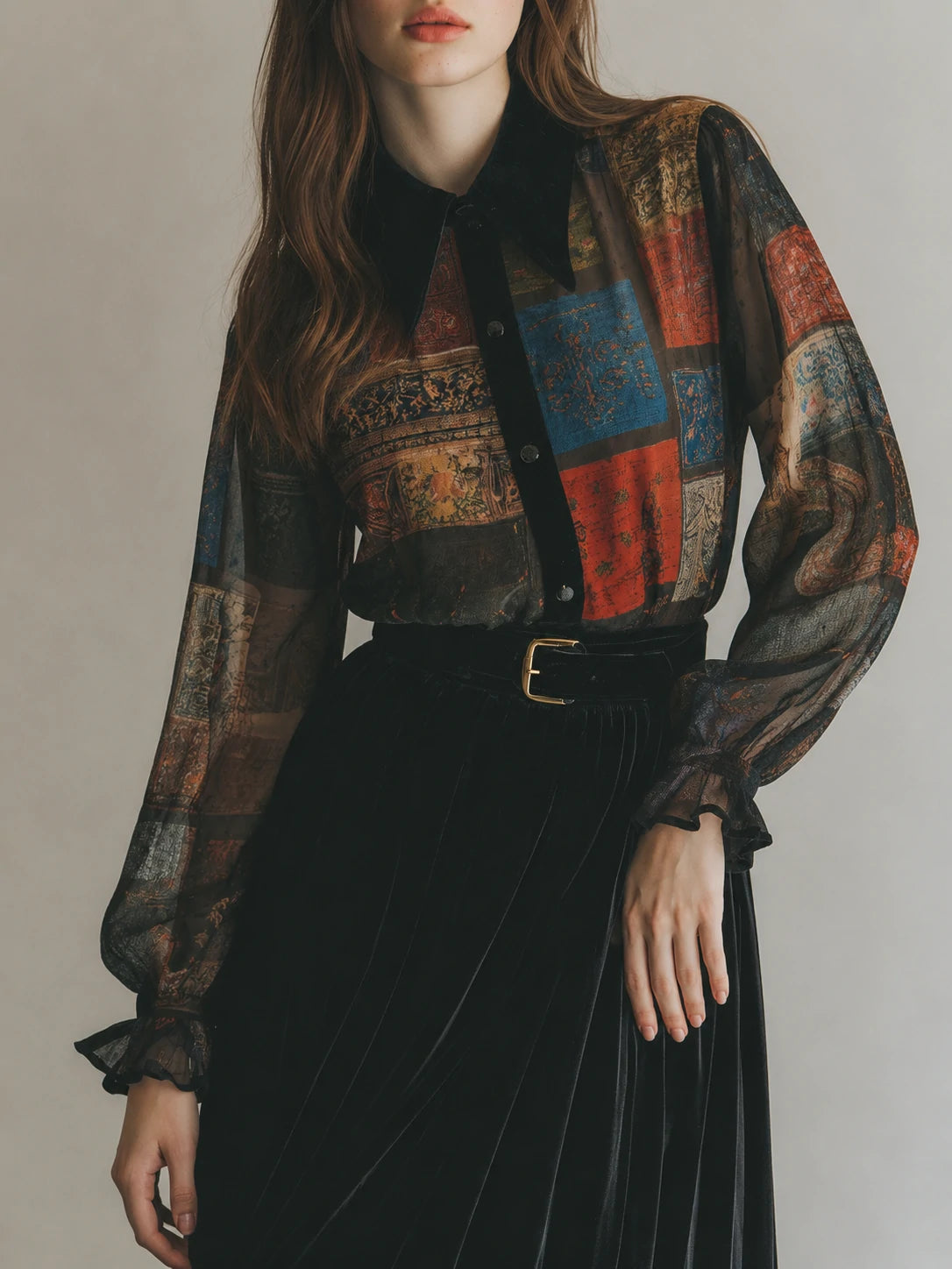 Retro Printed Velvet Patchwork Chiffon Balloon Sleeve Blouse
