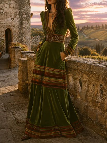 Boho Olive Green Velvet Striped Hem Maxi Dress