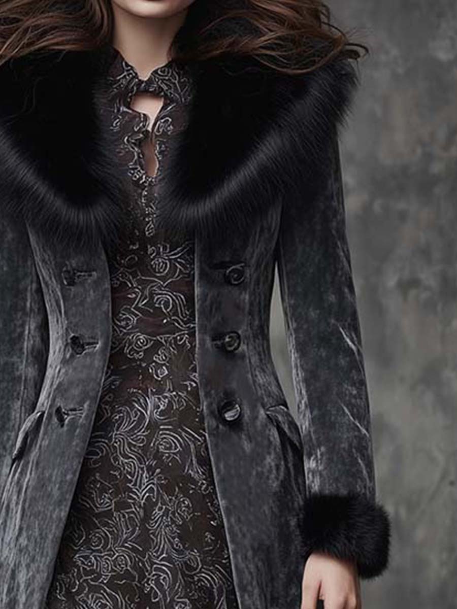 Gray Eco-Suede Long Coat With Faux Fur Collar & Cuffs