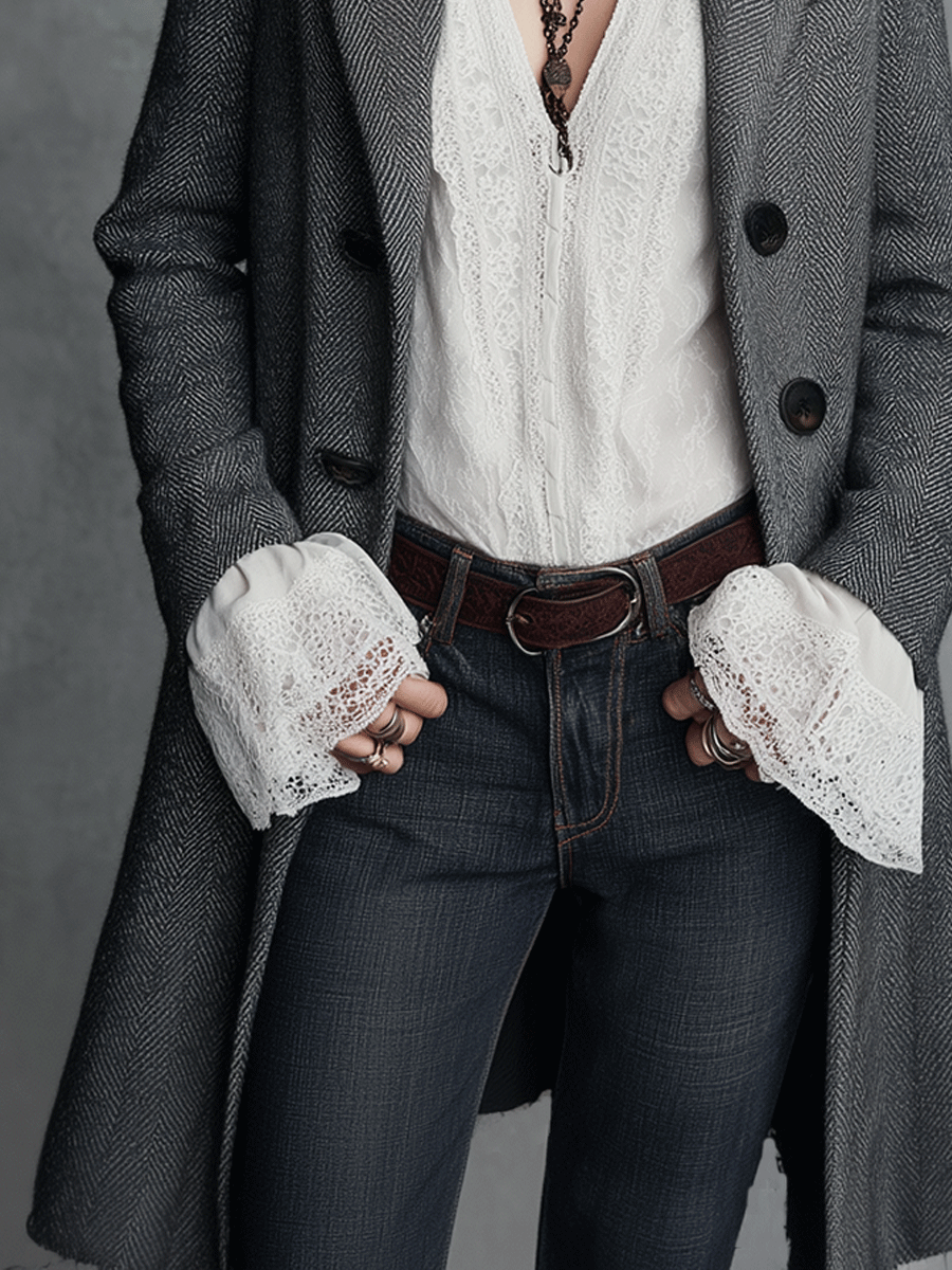 Classic Grey Herringbone Wool Blend Double-Breasted Long Coat