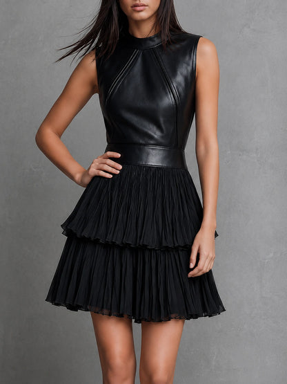 Chic Black Eco Leather & Pleated Chiffon Tiered Skirt Mini Dress