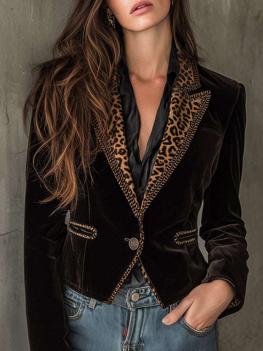 Luxe Vintage Tailored Leopard Print Trim Black Velvet Blazer