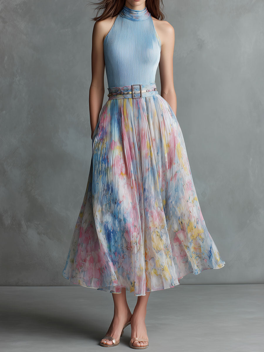 Elegant Sky Blue Halter Pleated Midi Dress With Watercolor Skirt