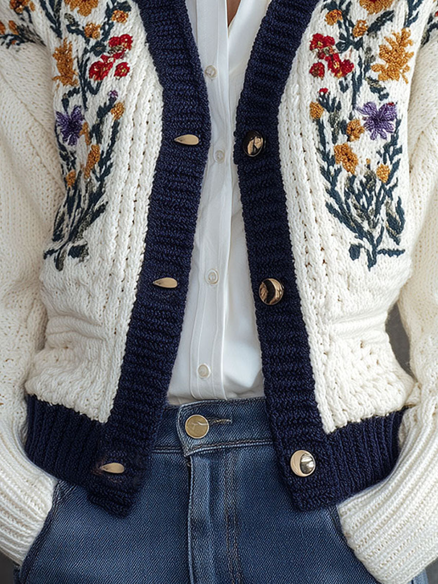 Women’s White Knit Cardigan – Floral Yoke Embroidery & Brass Button Sweater With Navy Collar