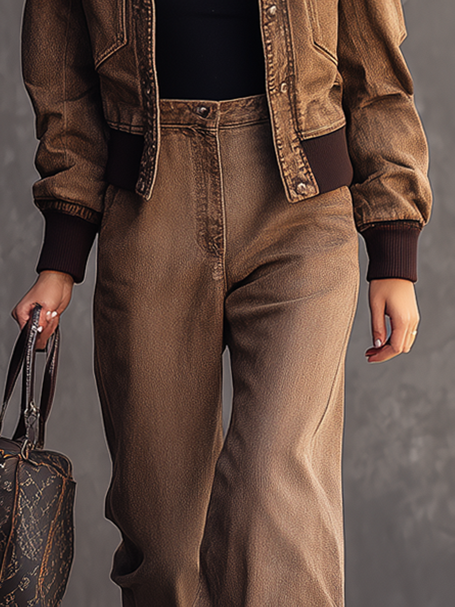 Vintage Brown Bomber Matching Denim Set