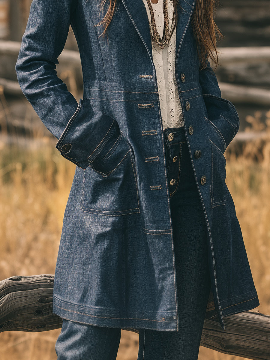 Bohemian Washed Denim Double-breasted Midi Jacket