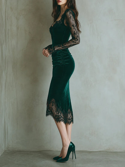 Elegant Green Velvet Long Sleeve Lace Midi Dress
