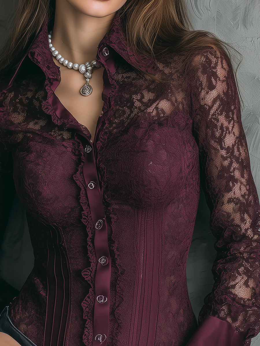 Retro Elegant Lace Satin Stitching Blouse