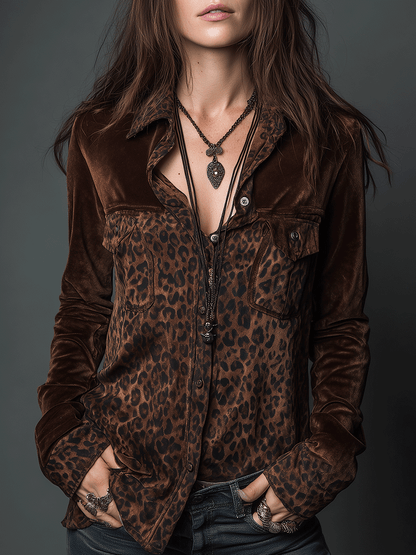 Vintage Brown Velvet Leopard Print Button Shirt