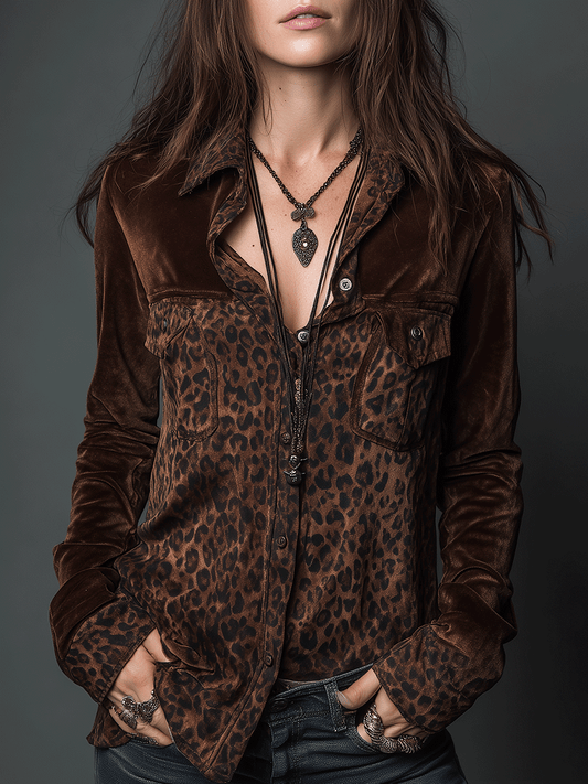 Vintage Brown Velvet Leopard Print Button Shirt