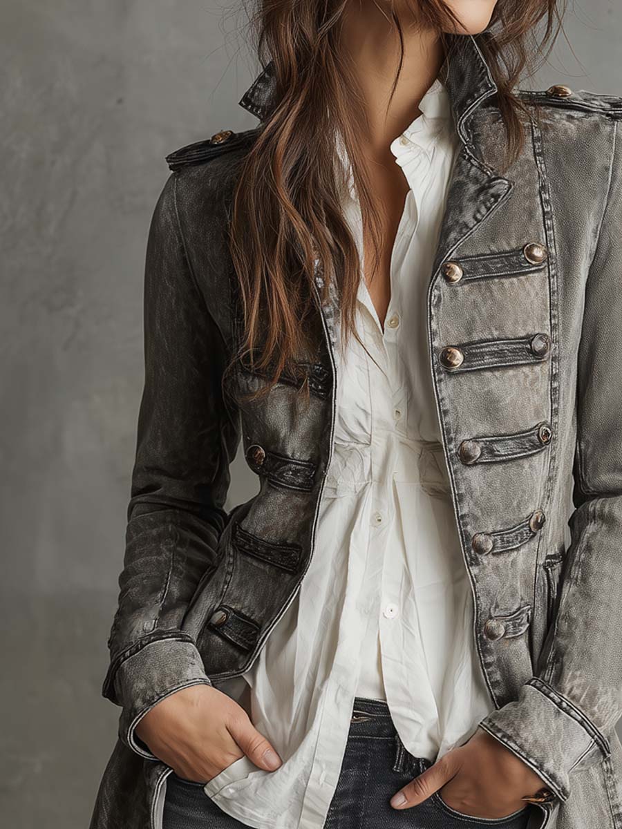 Retro Military Style Washed Denim Jacket