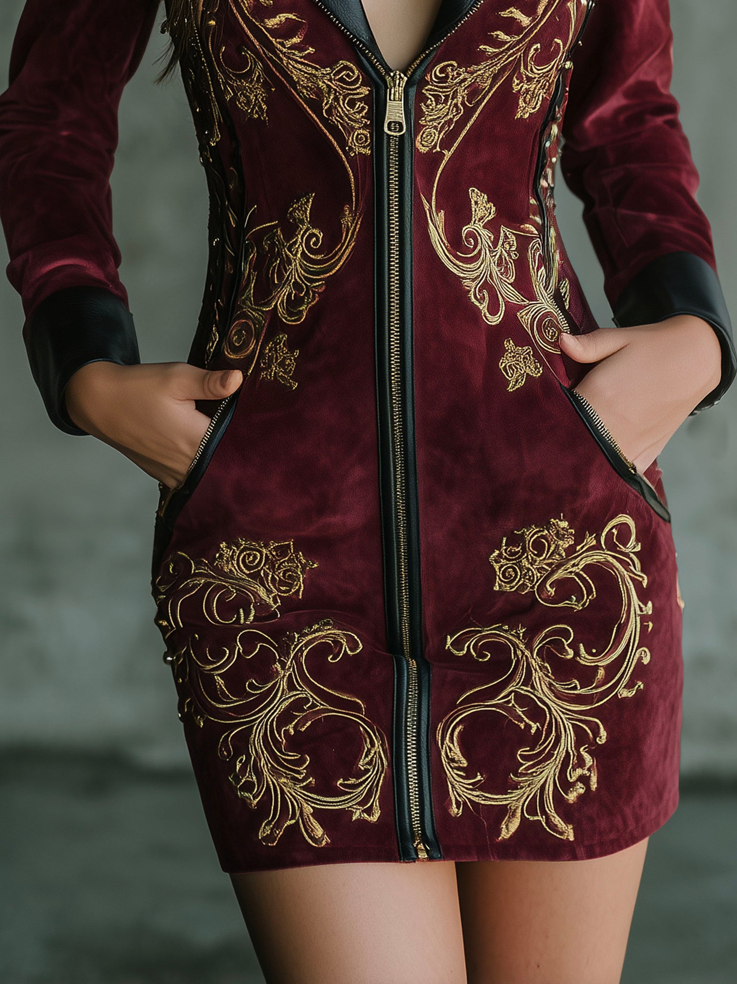 Retro Burgundy Microsuede Gold Baroque Embroidered Dress With Leather Trim