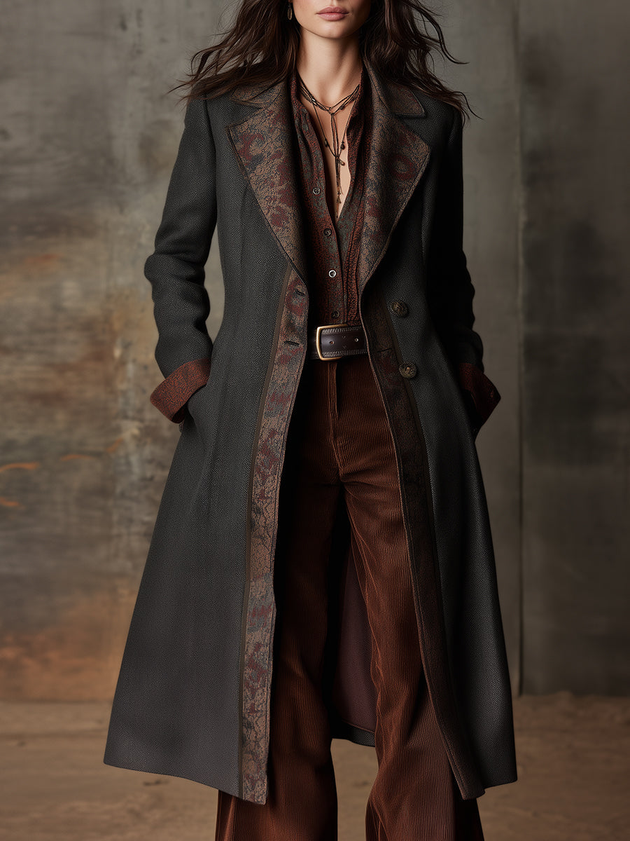 Retro Woolen Vintage Pattern Patchwork Mid-length Coat