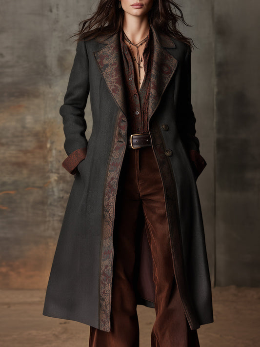 Retro Woolen Vintage Pattern Patchwork Mid-length Coat