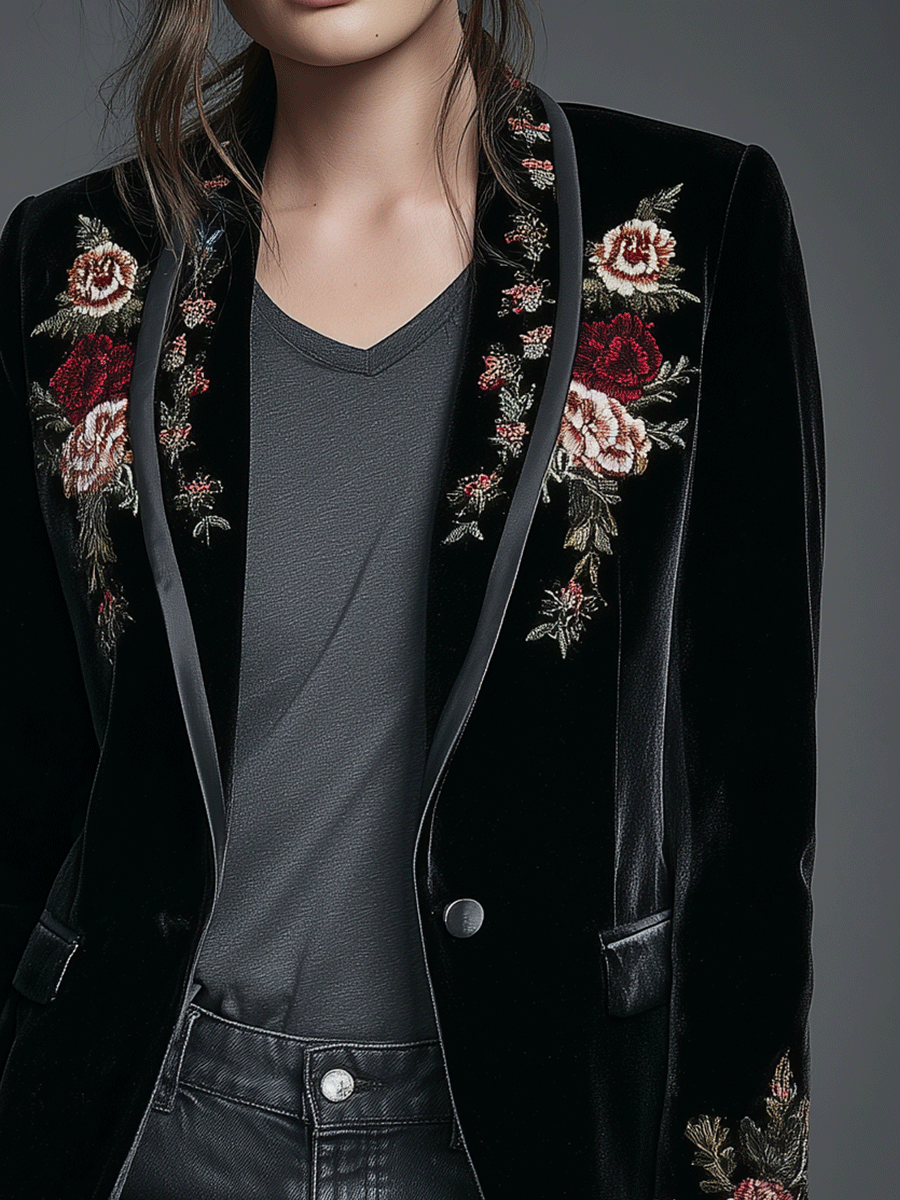 Romantic Black Velvet Rose Embroidery Tailored Blazer