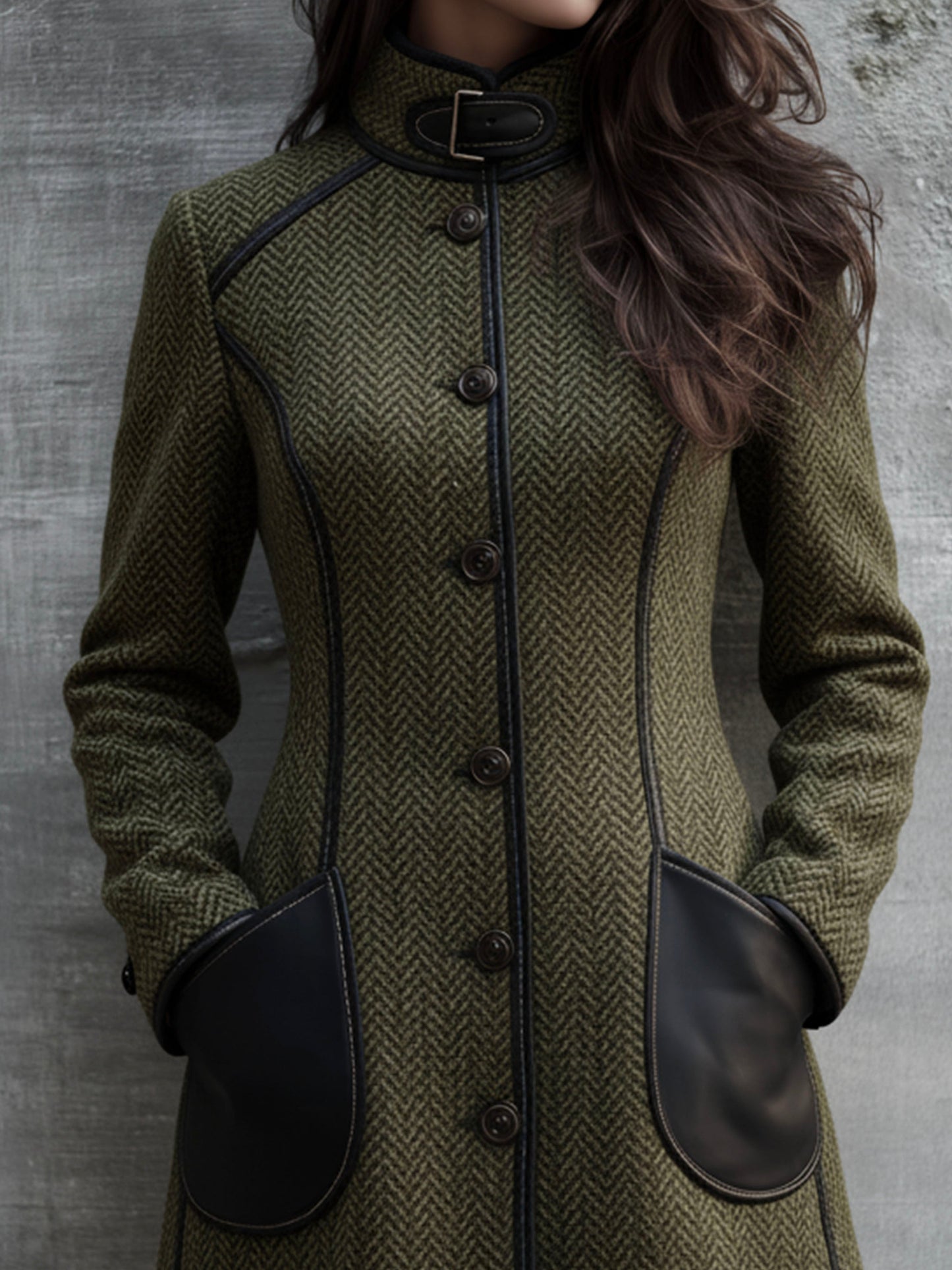 Olive Green High Neck Herringbone Buckle Coat With Contrast Leather Trim