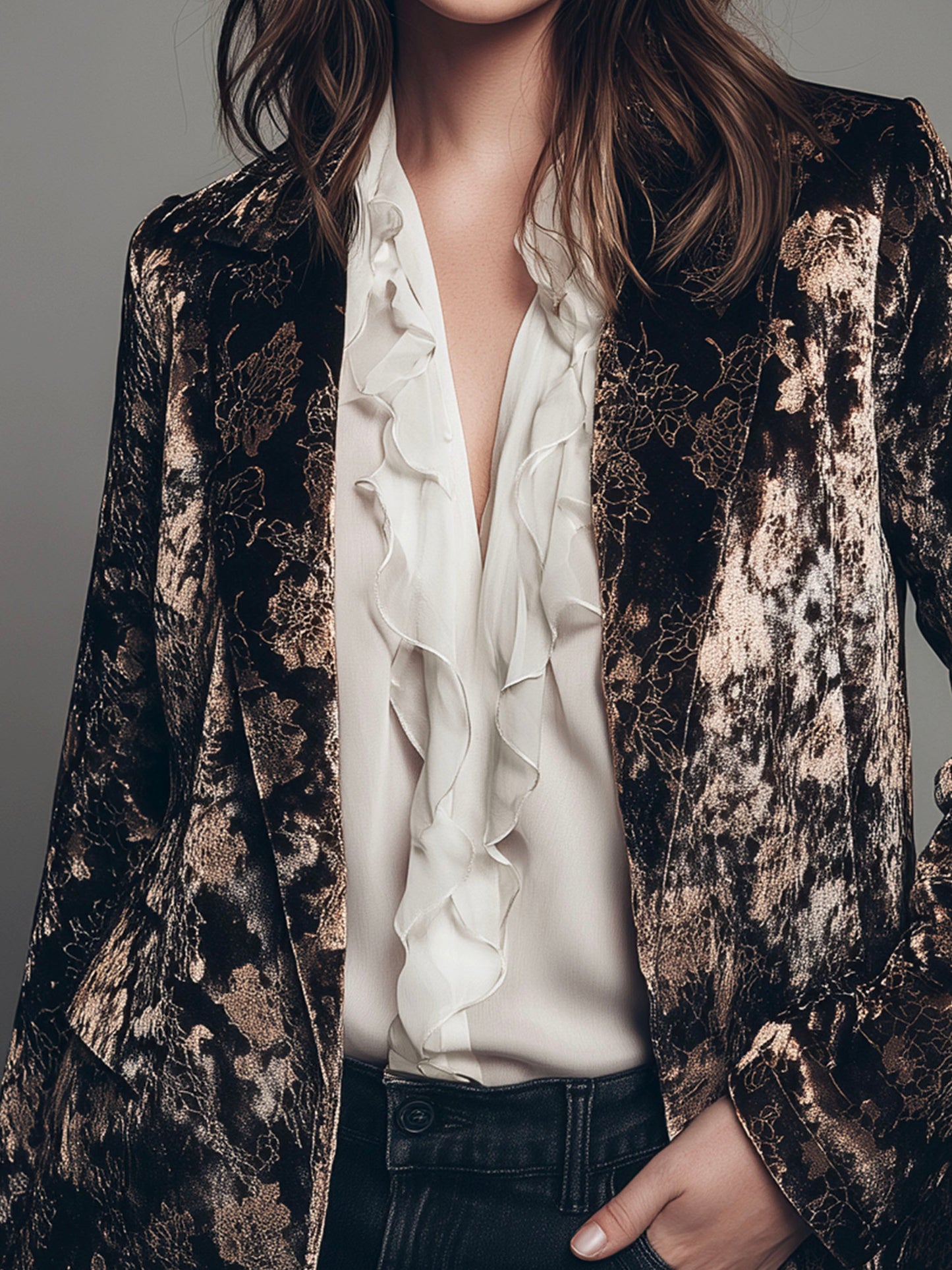 Vintage Luxe Metallic Printed Velvet Floral Blazer