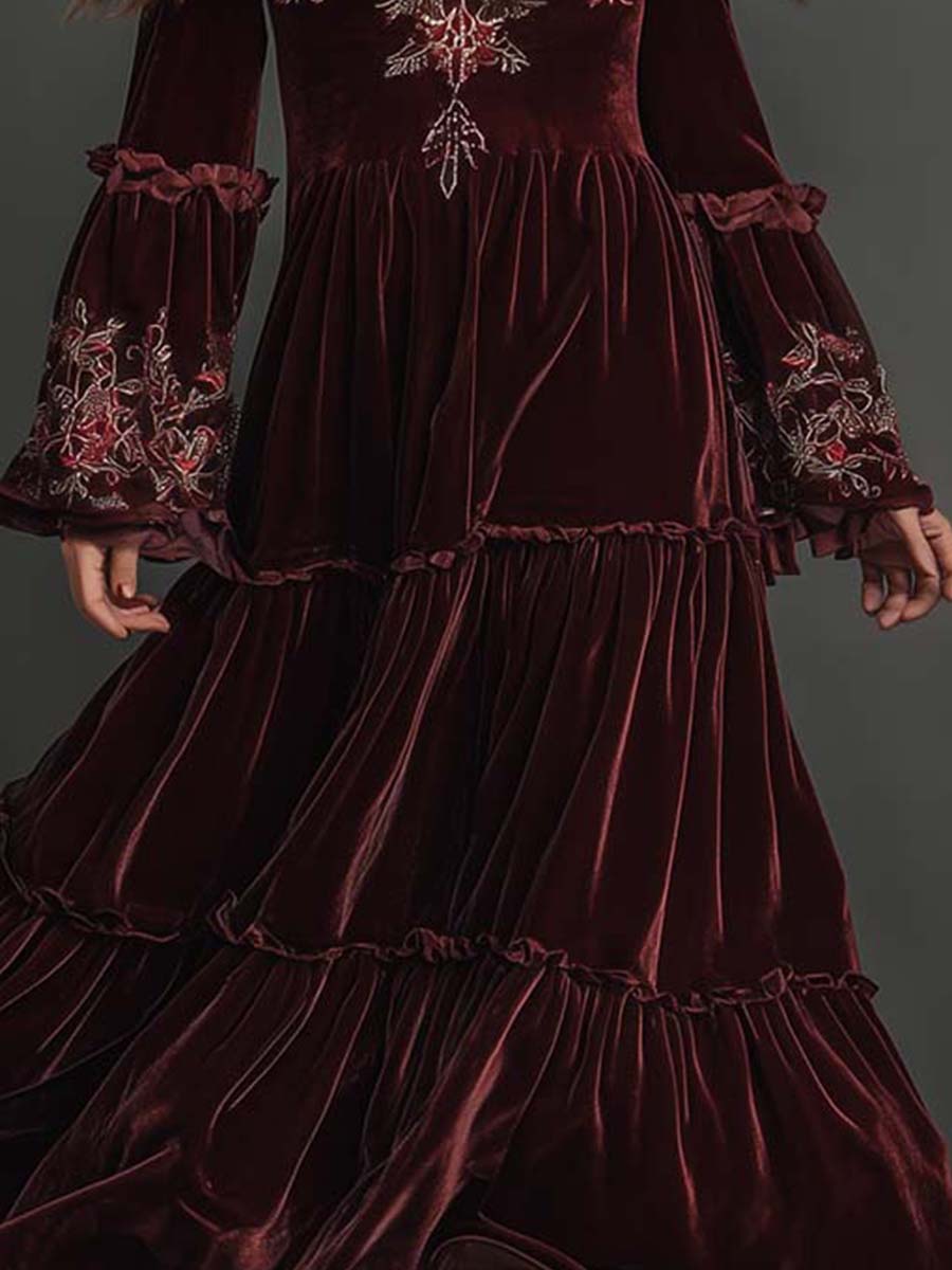 Velvet Bohemian Embroidered Maxi Dress