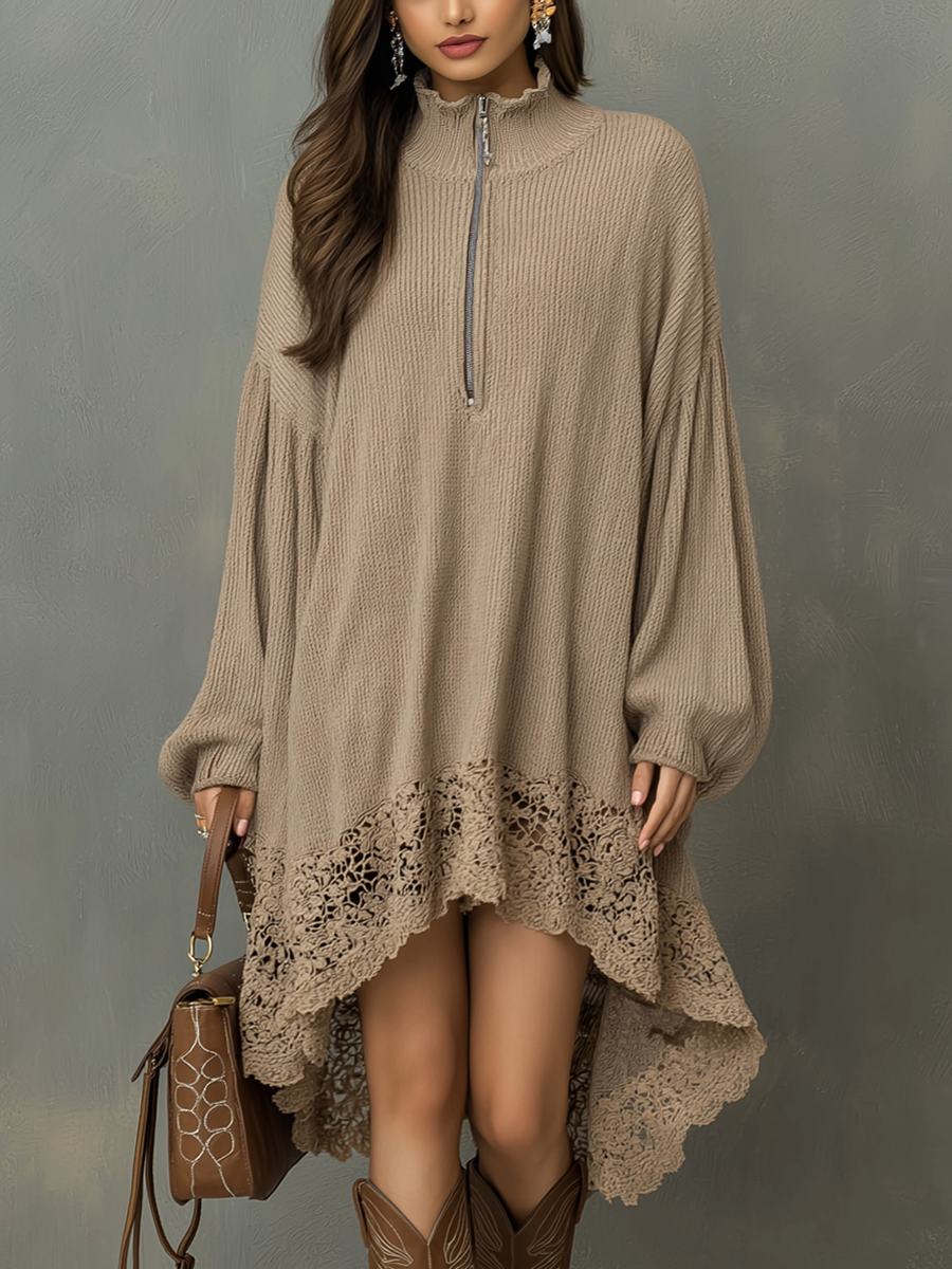 Retro Zipper Collar Lace Hem Knitted Mini Dress