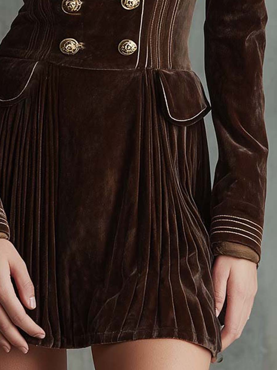 Double Breasted Elegant Vintage Brown Velvet Blazer Dress